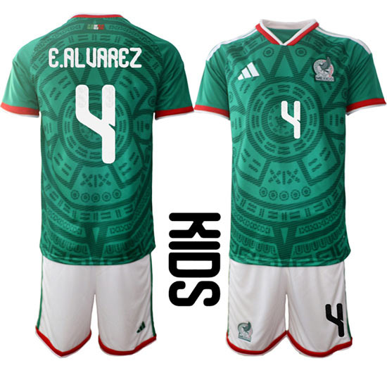 Youth Mexico 4 E.ALUAREZ National Team FIFA x World Cup 2026 Home Green On Field Kids Jersey