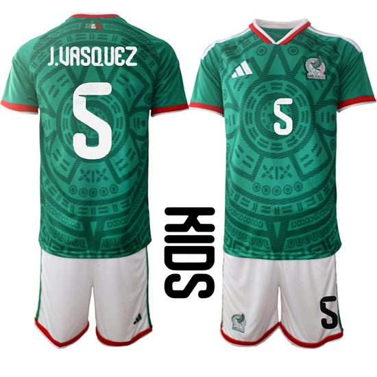 Youth Mexico 5 J.UASQUEZ National Team FIFA x World Cup 2026 Home Green On Field Kids Jersey