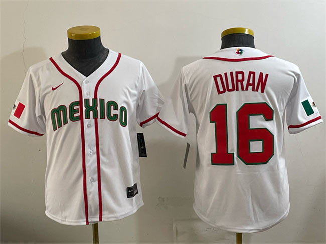 Youth Mexico Baseball 16 Jarren Duran White 2026 World Baseball Classic Home Stadium Stitched Baseball Jersey