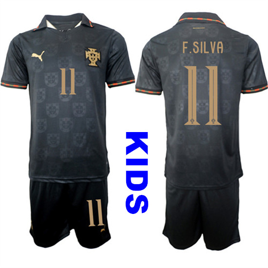 Youth Portugal 11 F.SILVA National Team FIFA x World Cup 2026 Away Gray On Eusebio special edition Kids Jersey