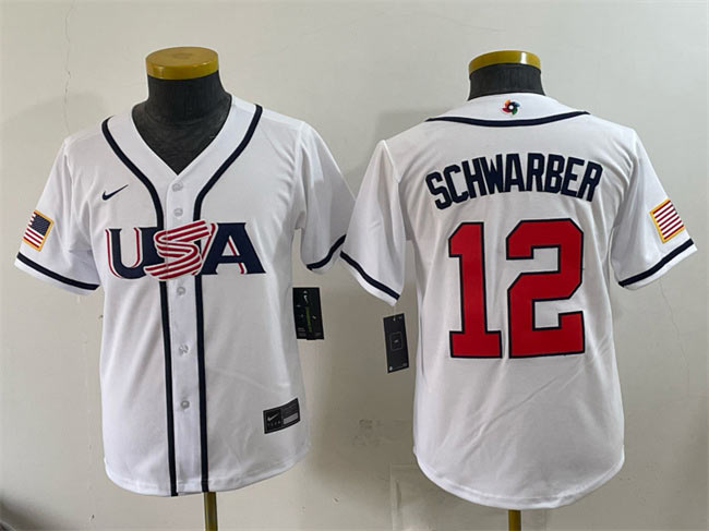 Youth USA Baseball 12 Kyle Schwarber White 2026 World Baseball Classic Home Stadium Stitched Baseball Jersey