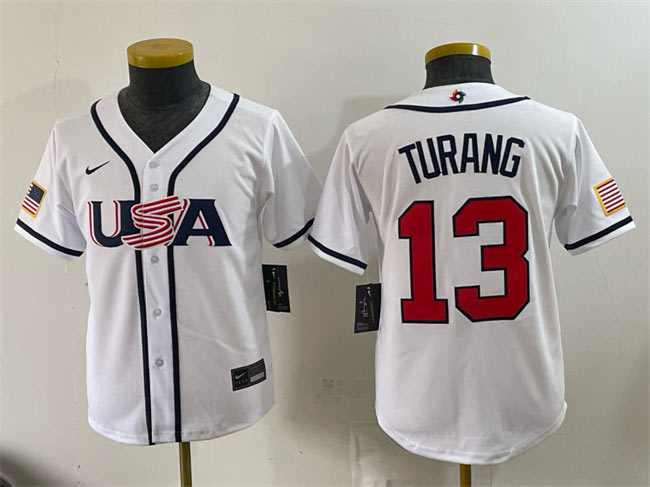 Youth USA Baseball 13 Brice Turang White 2026 World Baseball Classic Home Stadium Stitched Baseball Jersey