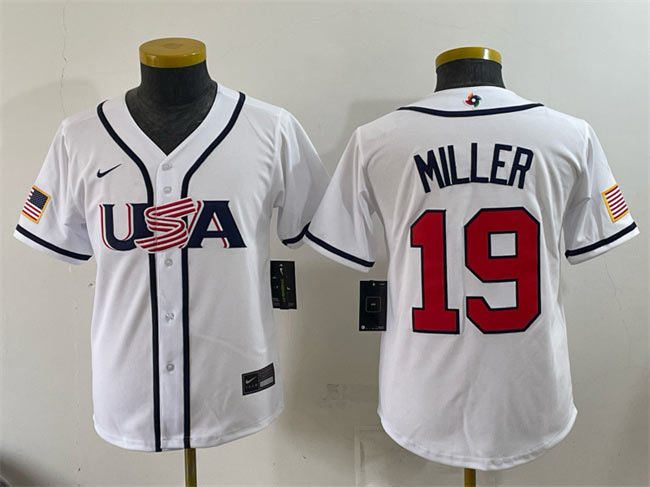 Youth USA Baseball 19 Mason Miller White 2026 World Baseball Classic Home Stadium Stitched Baseball Jersey
