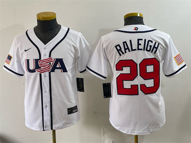 Youth USA Baseball 29 Cal Raleigh White 2026 World Baseball Classic Home Stadium Stitched Baseball Jersey