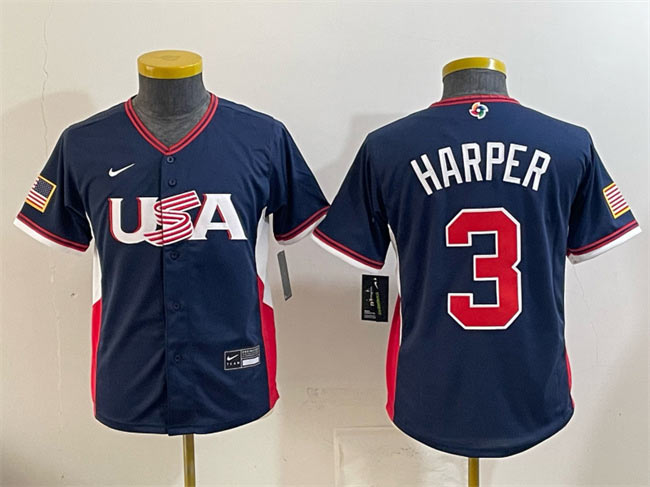 Youth USA Baseball 3 Bryce Harper Navy 2026 World Baseball Classic Stadium Stitched Baseball Jersey